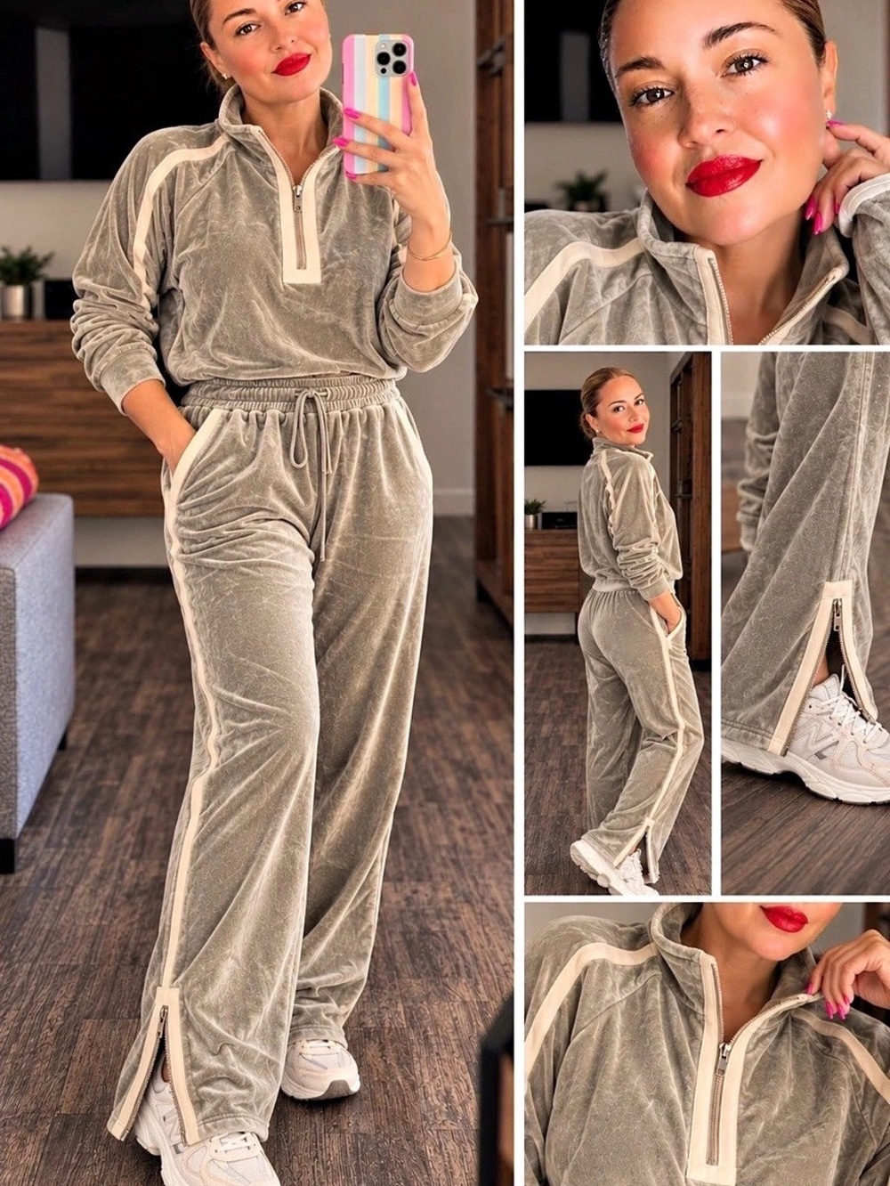 Kori Velour Track Jumpsuit Gray Beige Zip Ankle – Medium – New